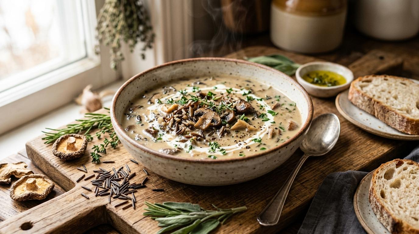 Creamy instant pot wild rice mushroom soup in a white bowl with fresh herbs, steam rising, rustic bread on the side