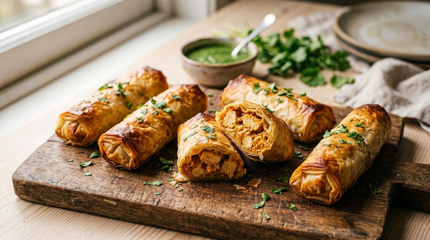 Golden crispy butter chicken rolls made with phyllo pastry, garnished with black sesame seeds and served with mango chutney