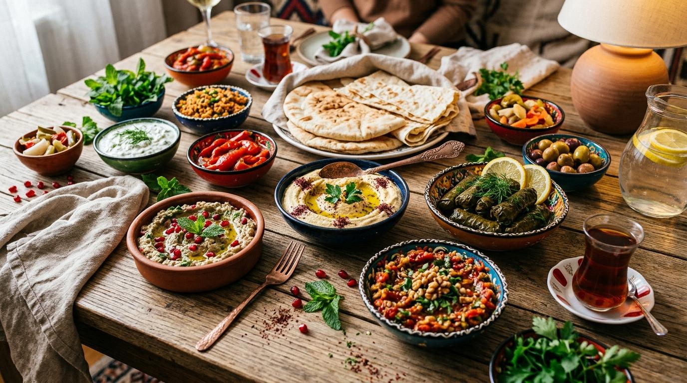 Traditional Turkish dishes arranged on ornate plates with spices and herbs