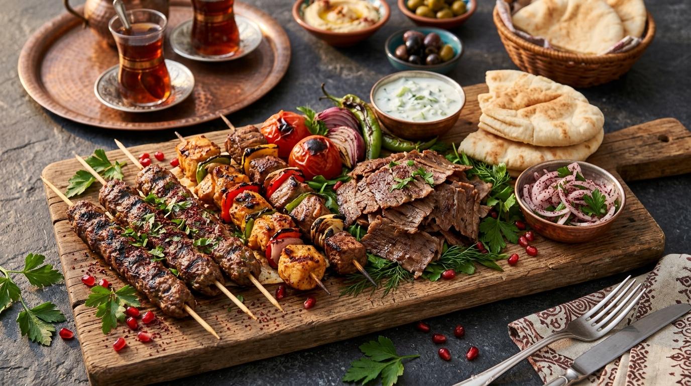 Perfectly grilled Turkish kebabs on skewers with charred edges and aromatic spices