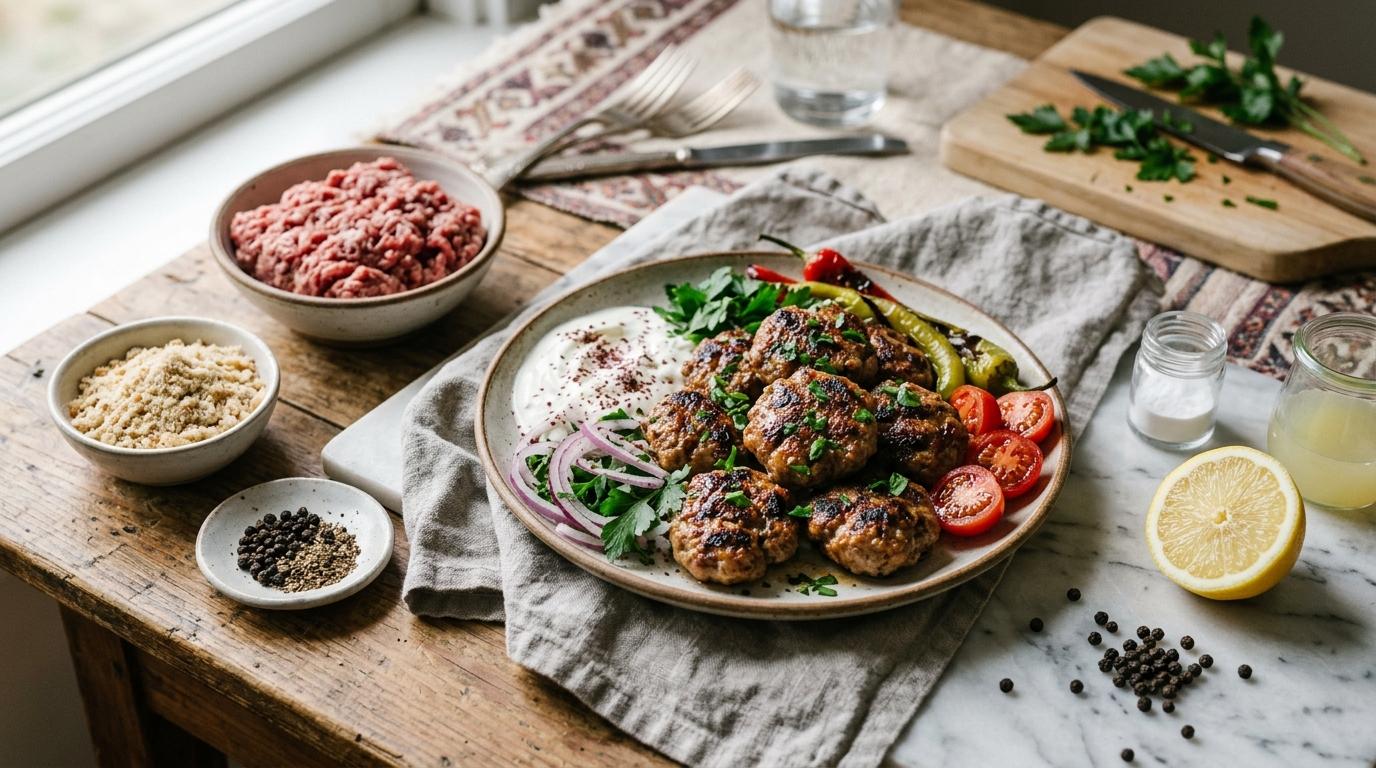 Golden-brown Turkish köfte meatballs cooking on a cast iron griddle with traditional accompaniments