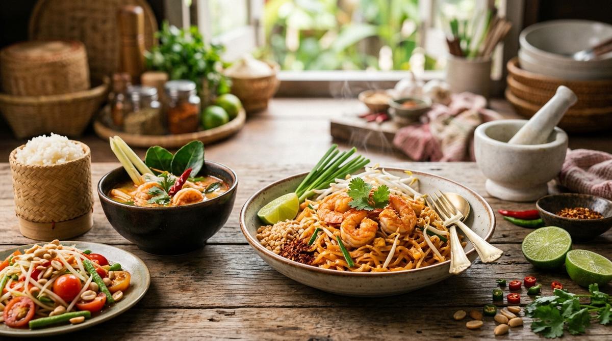 Colorful array of Thai dishes including green curry, pad thai, and som tam salad