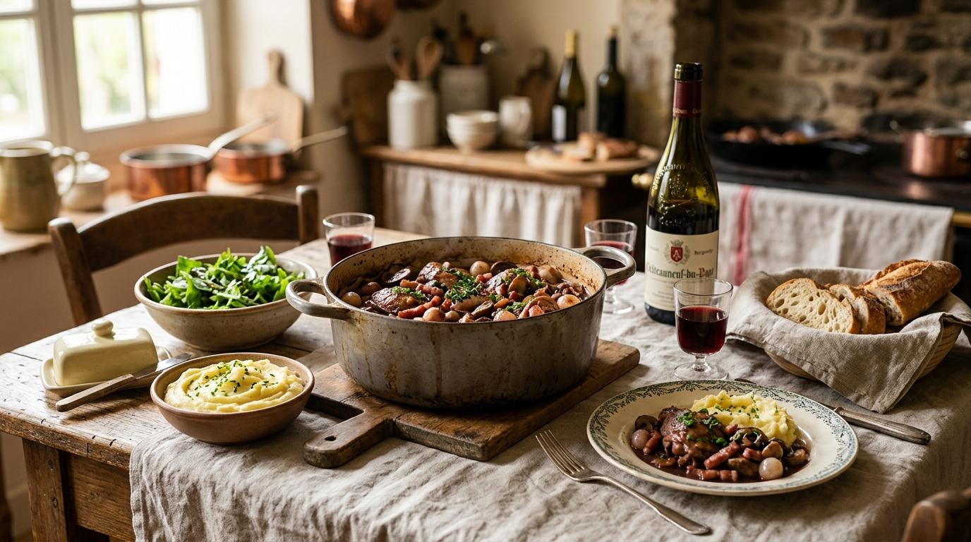 Classic French ingredients including herbs, wine, butter, and fresh vegetables arranged on marble counter