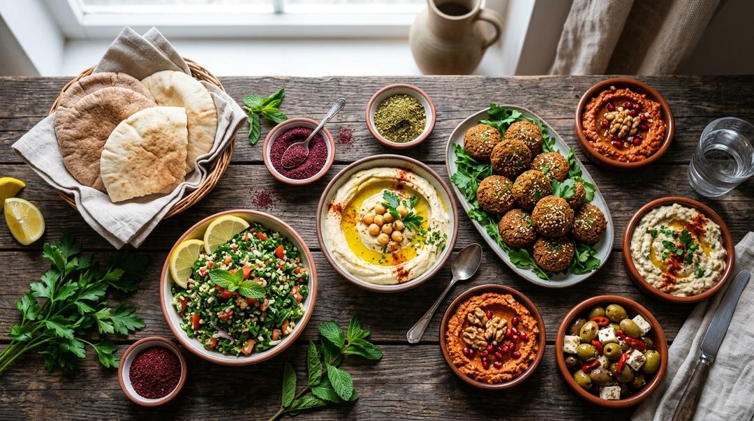 Colorful spread of Middle Eastern dishes including hummus, kebabs, and flatbread