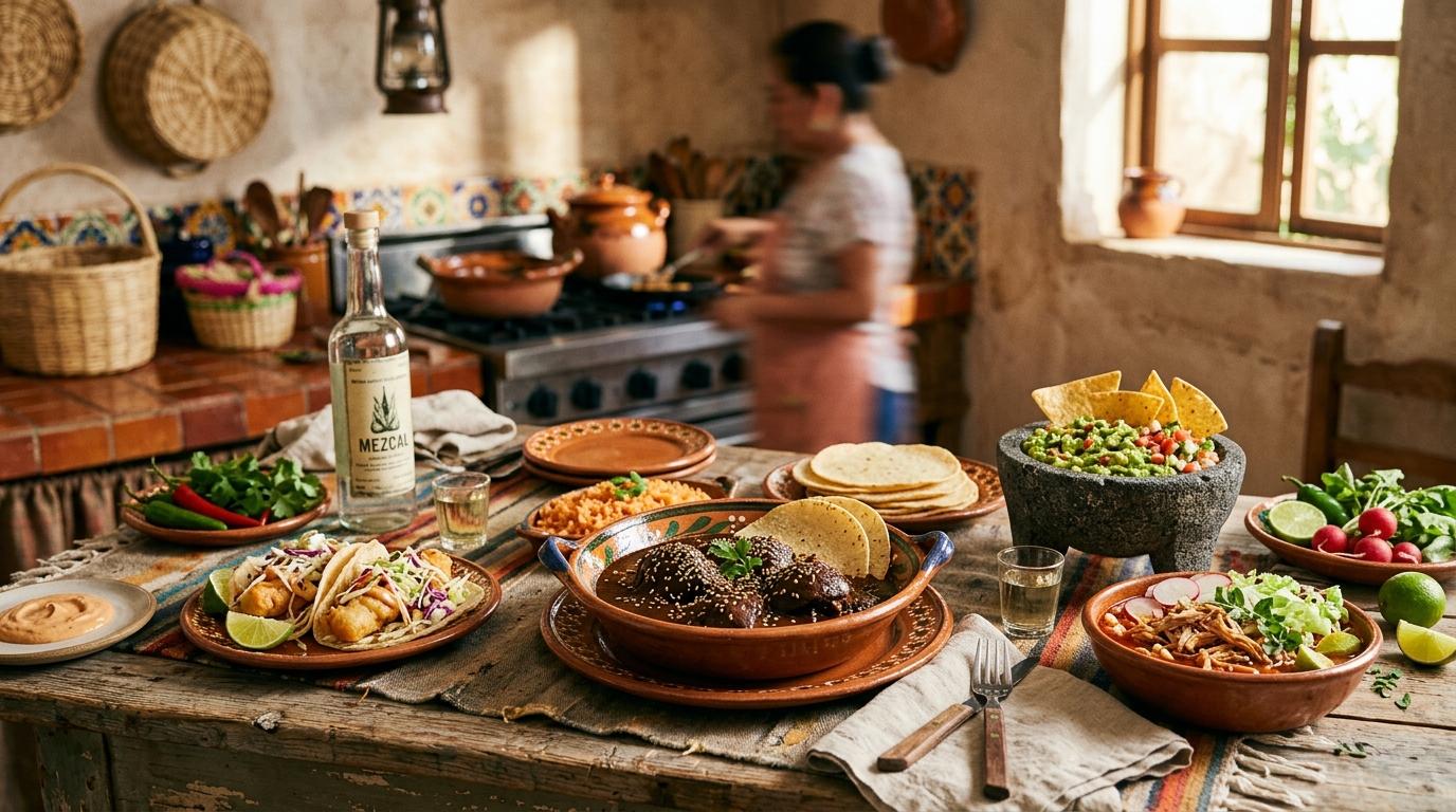 Colorful spread of authentic Mexican dishes including tacos, enchiladas, and fresh salsas on traditional pottery