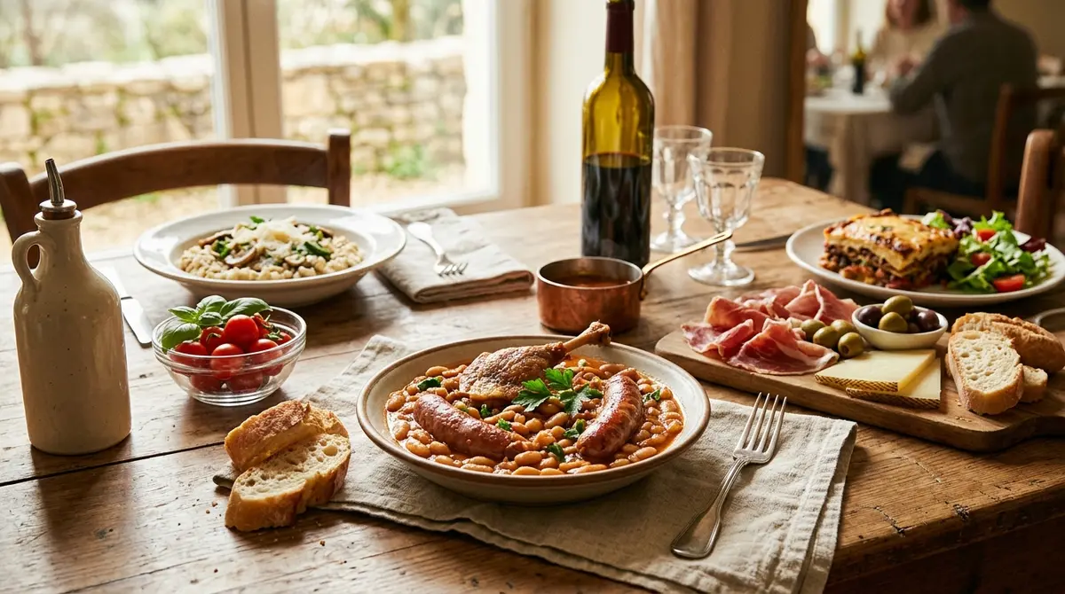 Assorted traditional European dishes on rustic wooden table