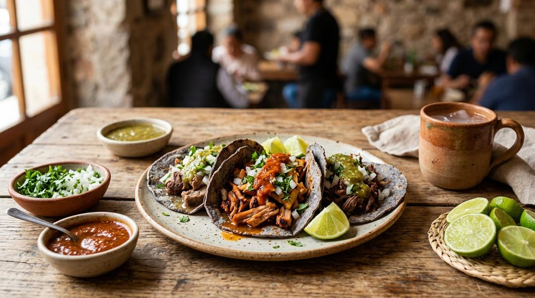 Traditional Mexican tacos on corn tortillas with fresh cilantro and onions