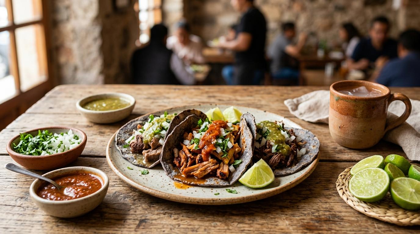 Traditional Mexican tacos on corn tortillas with fresh cilantro and onions