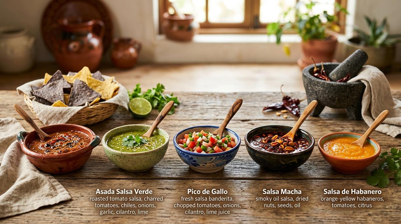 Traditional Mexican salsas in colorful ceramic bowls