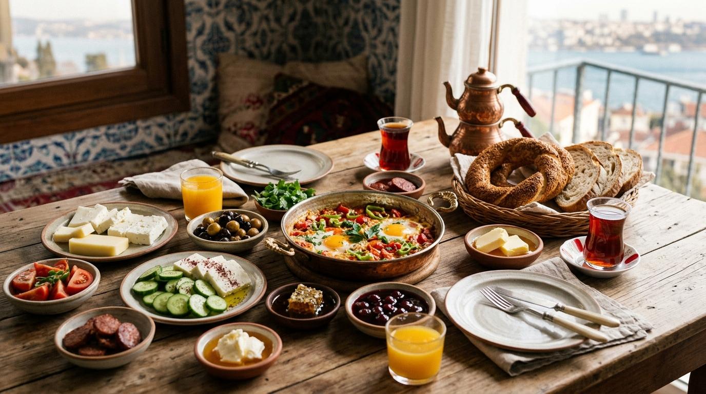 Traditional Turkish breakfast spread with menemen, börek, cheese, olives, and tea