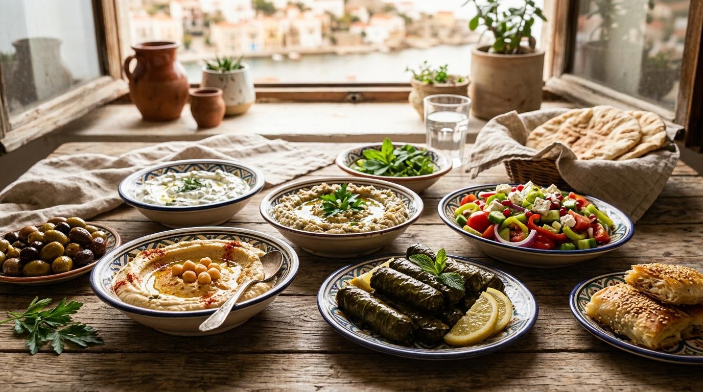Colorful Turkish meze platter with hummus, cacık, dolma and fresh vegetables