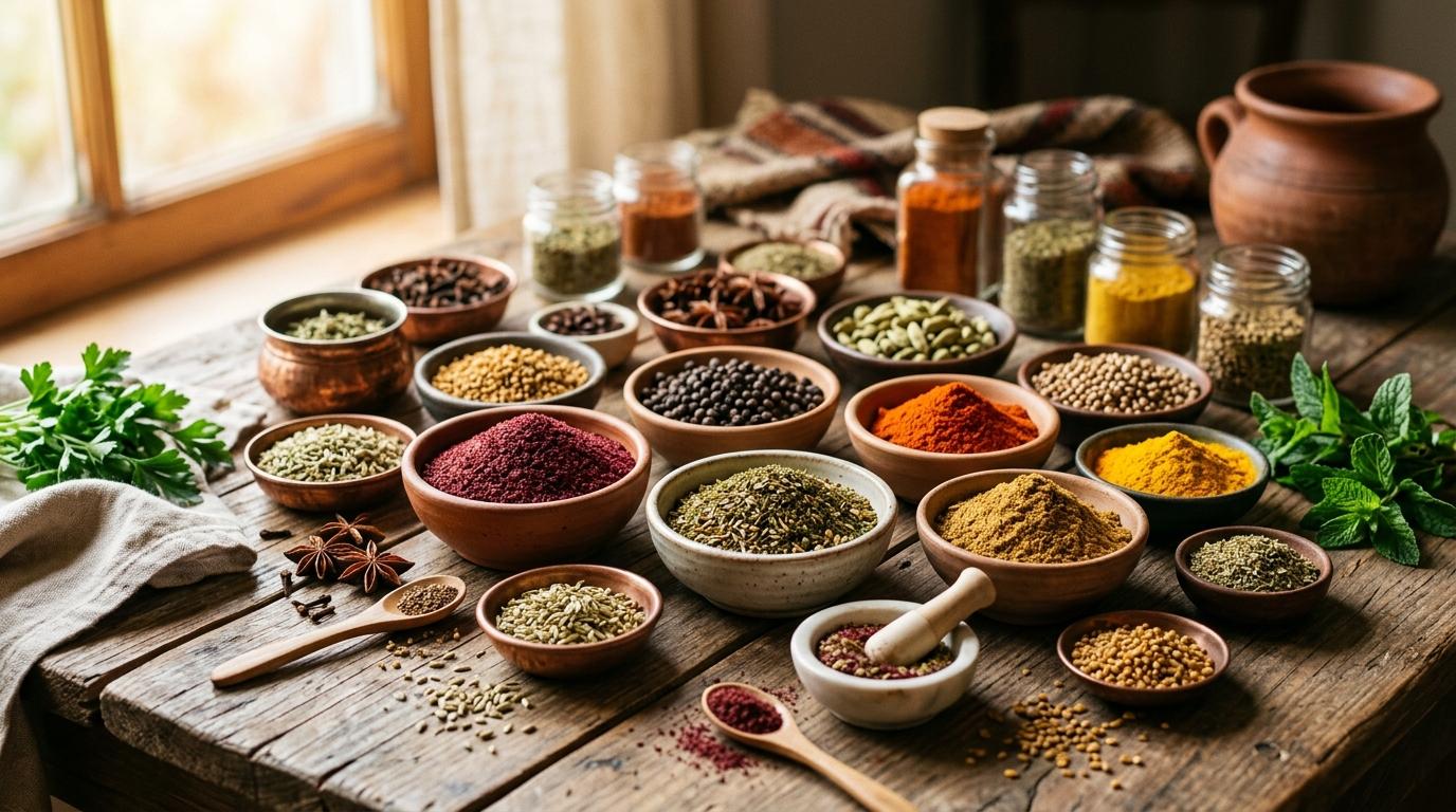 Colorful array of Middle Eastern spices in small bowls and wooden spoons