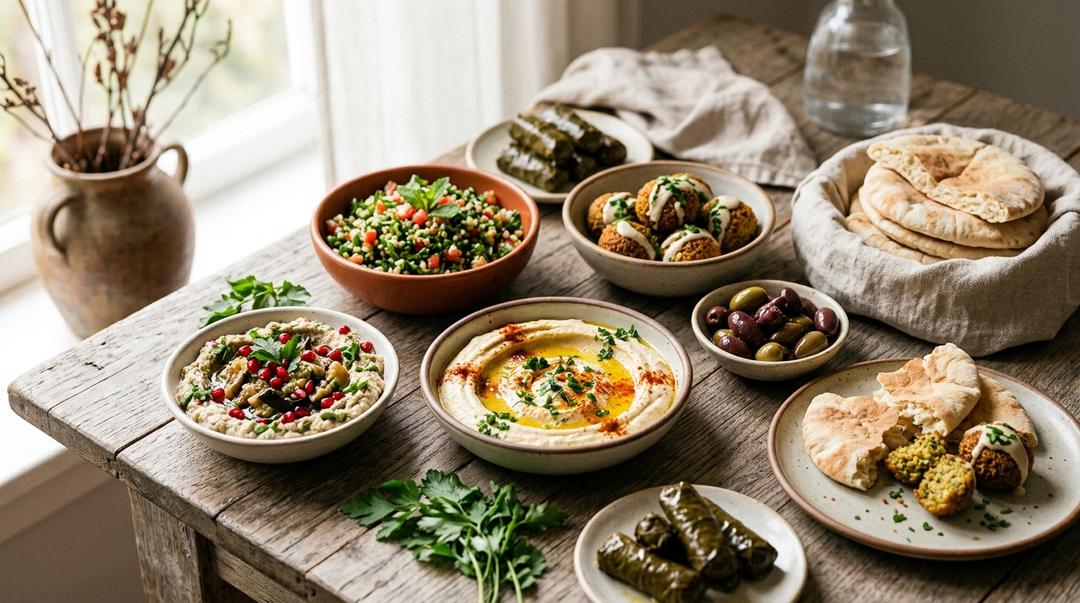 Colorful Middle Eastern mezze platter with hummus, olives, and pita bread