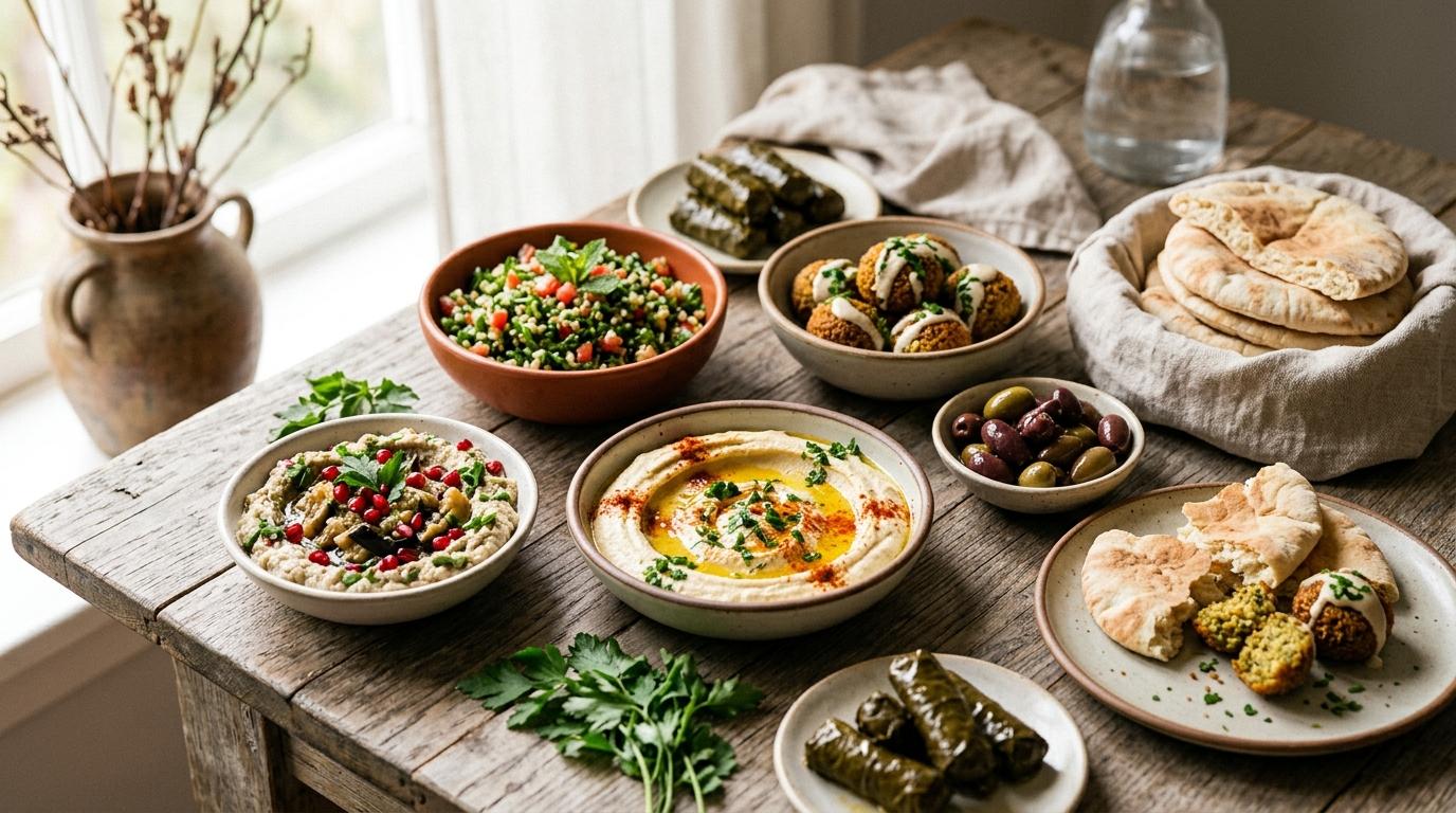 Colorful Middle Eastern mezze platter with hummus, olives, and pita bread