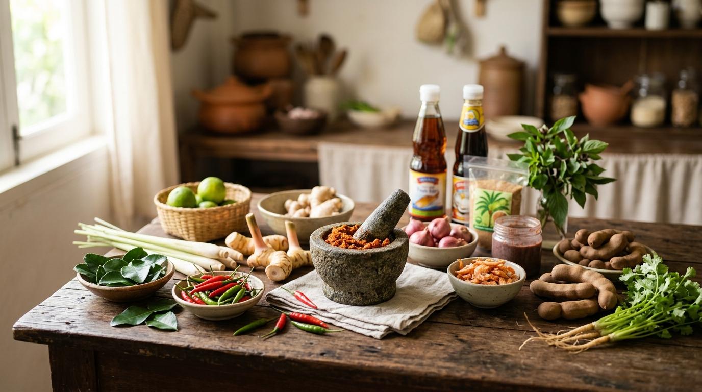 Colorful array of essential Thai cooking ingredients laid out on wooden surface