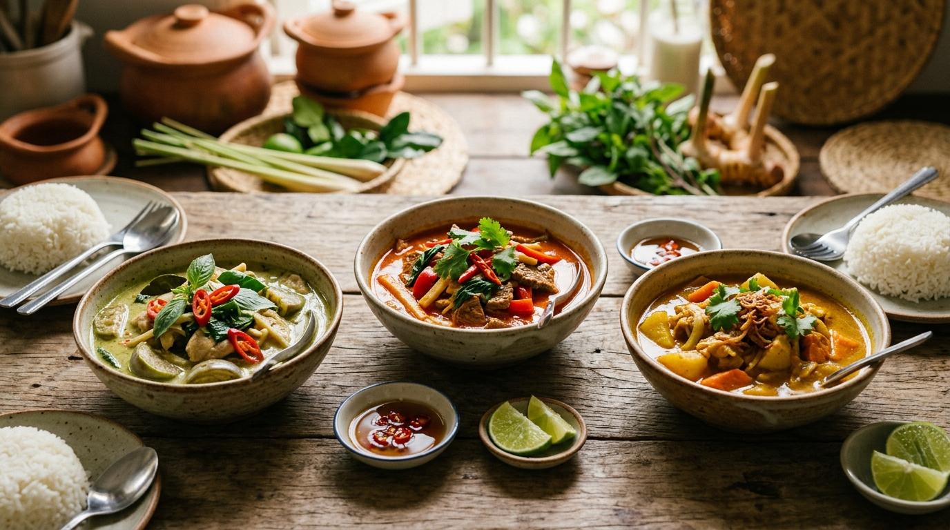 Traditional Thai curry paste being ground in wooden mortar and pestle