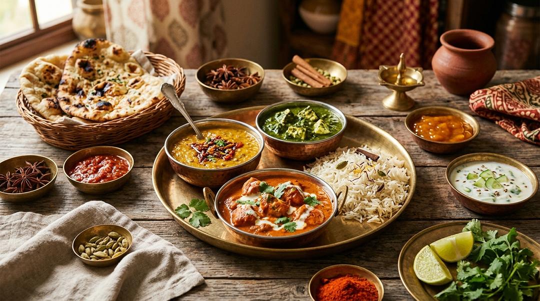 Colorful spread of traditional Indian dishes including curries, bread, and rice on a wooden table