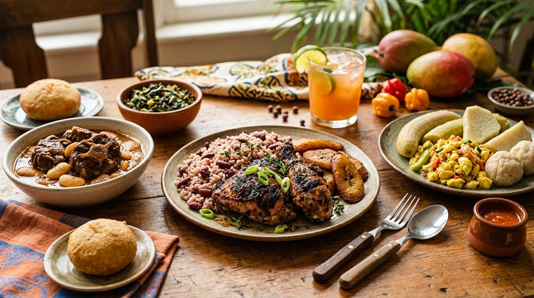 Traditional Jamaican dishes including jerk chicken, rice and peas, and curry goat arranged on a wooden table