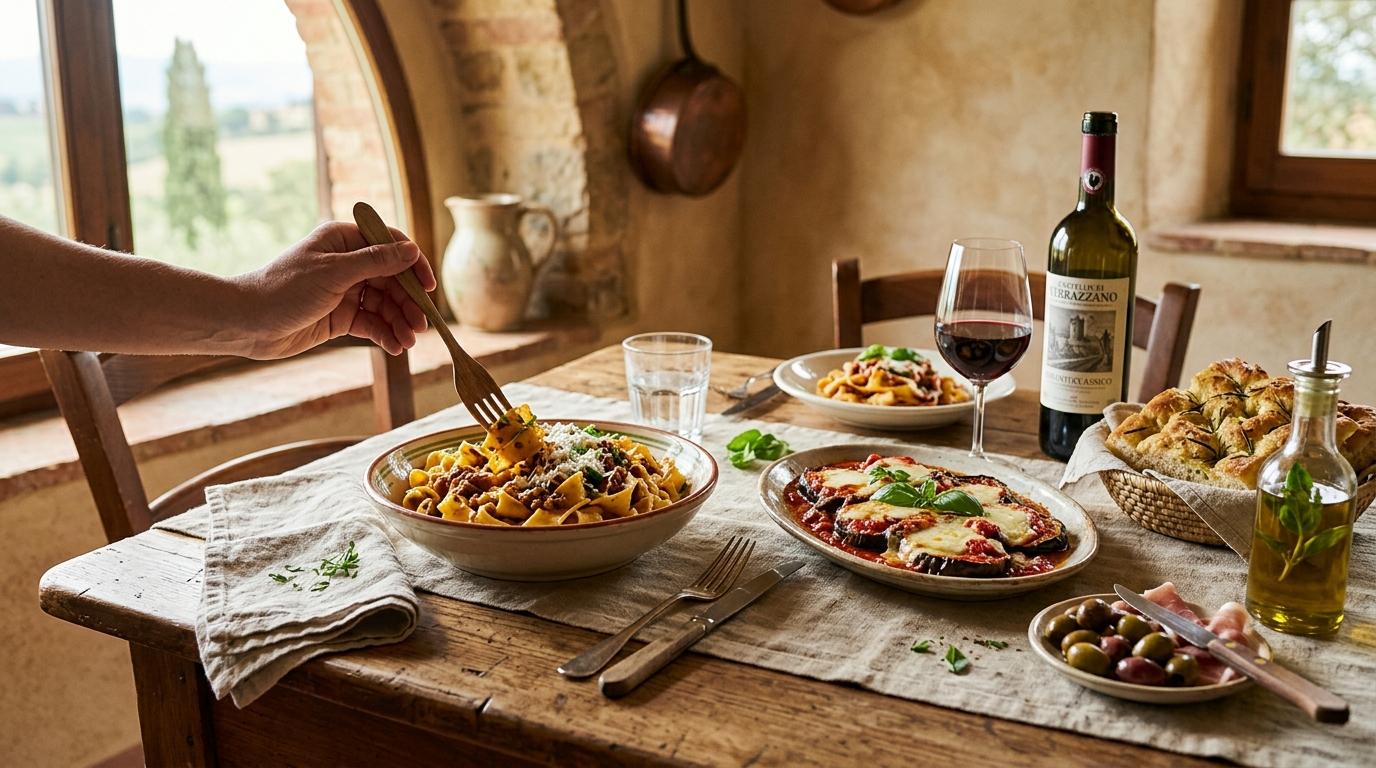 Various authentic Italian dishes arranged on rustic wooden table with fresh ingredients