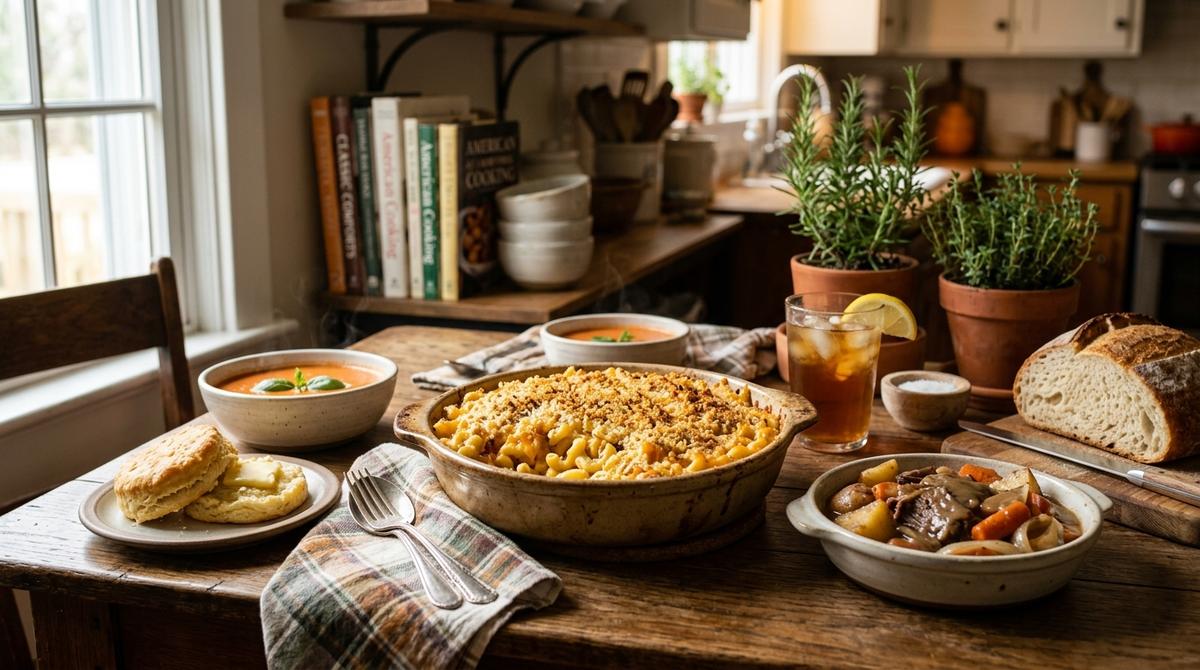 Classic American comfort foods arranged on rustic wooden table