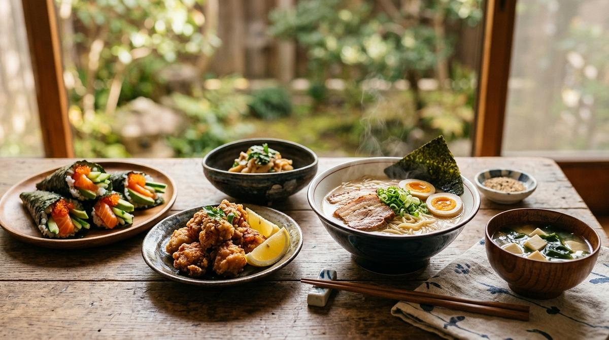 Colorful spread of Japanese dishes including ramen, tempura, and rice bowls on traditional ceramic plates