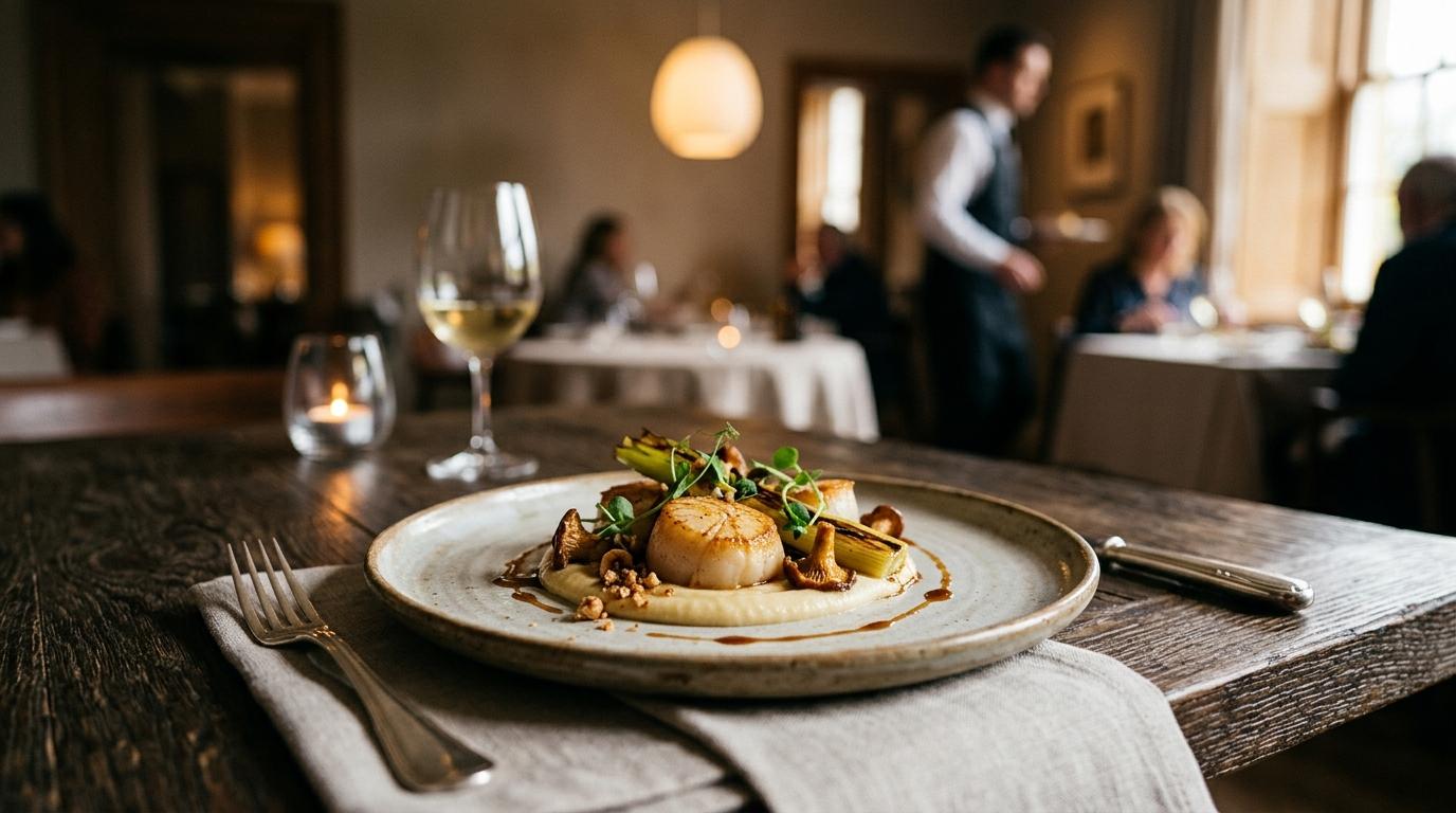 Person using smartphone to make restaurant reservation at elegant dining table