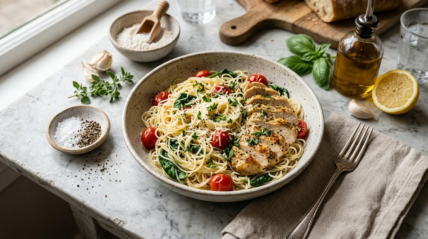 Creamy angel hair pasta with golden chicken pieces in rich Parmesan sauce, garnished with fresh parsley