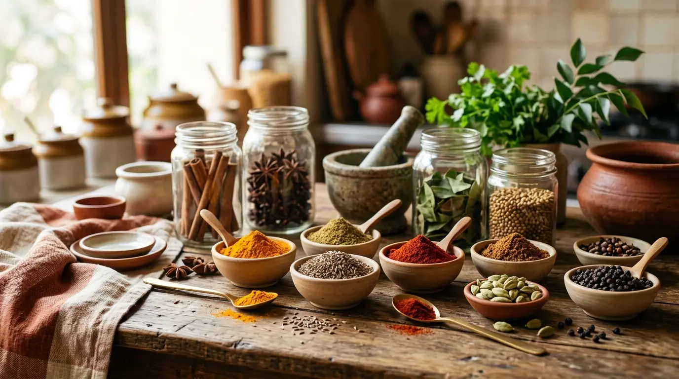 Collection of colorful Indian spices in small bowls on wooden surface