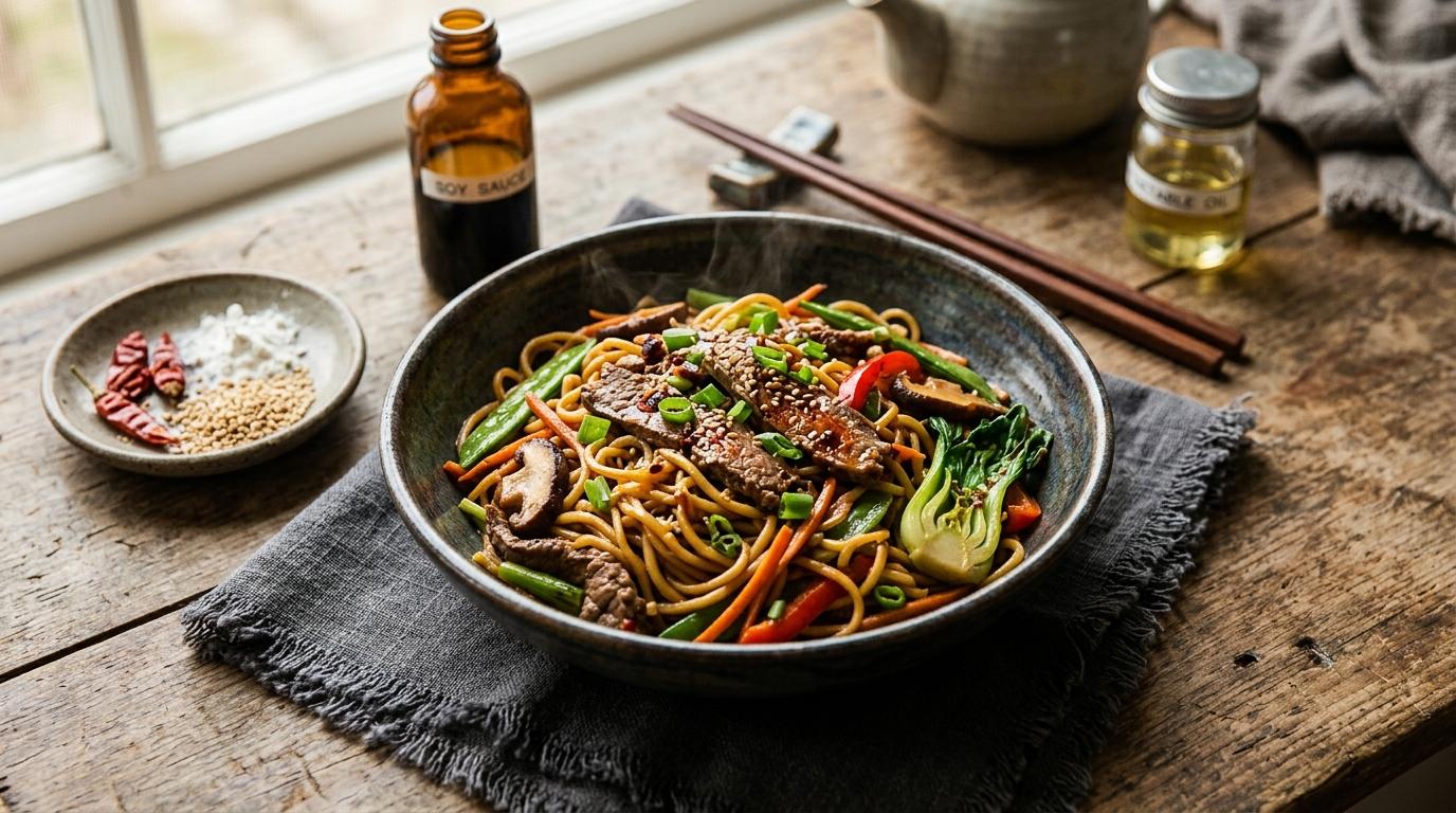 Delicious homemade beef lo mein with tender beef strips, fresh vegetables, and silky noodles in a traditional wok