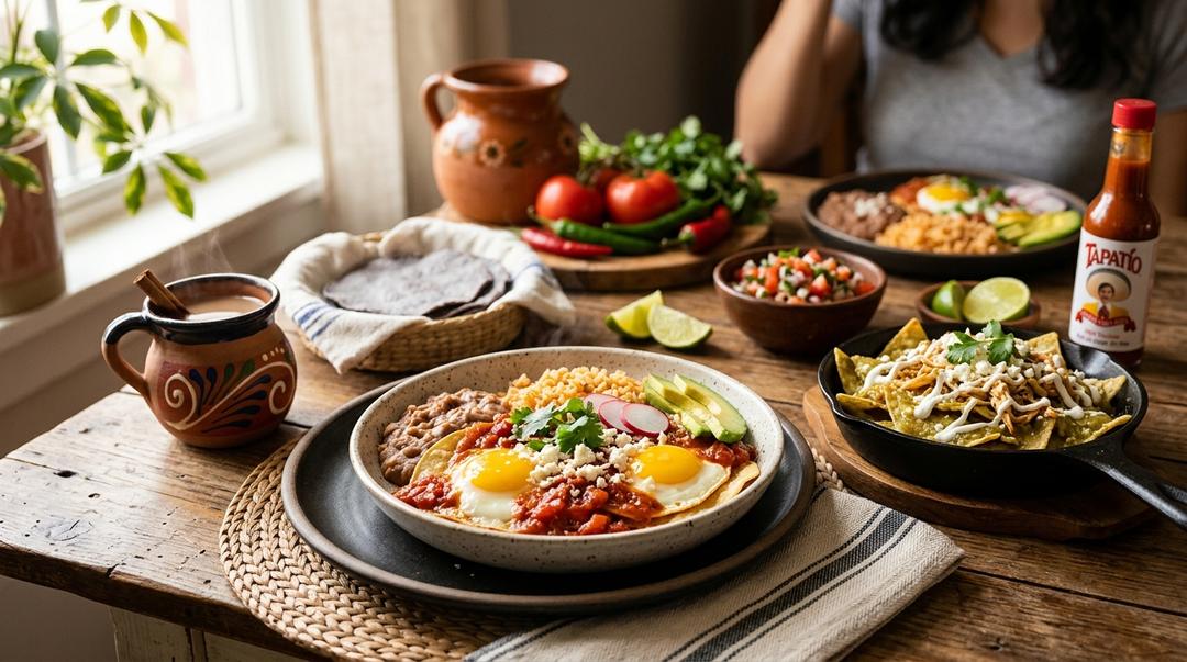 Colorful Mexican breakfast spread with huevos rancheros and chilaquiles