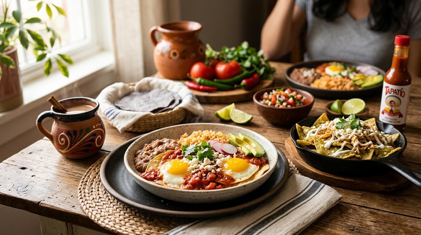 Colorful Mexican breakfast spread with huevos rancheros and chilaquiles