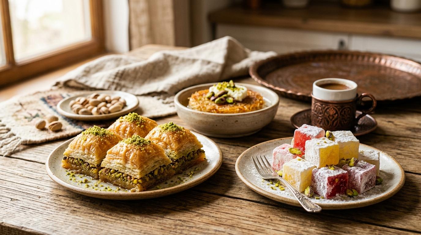 Golden layers of baklava with pistachios and honey syrup on marble surface