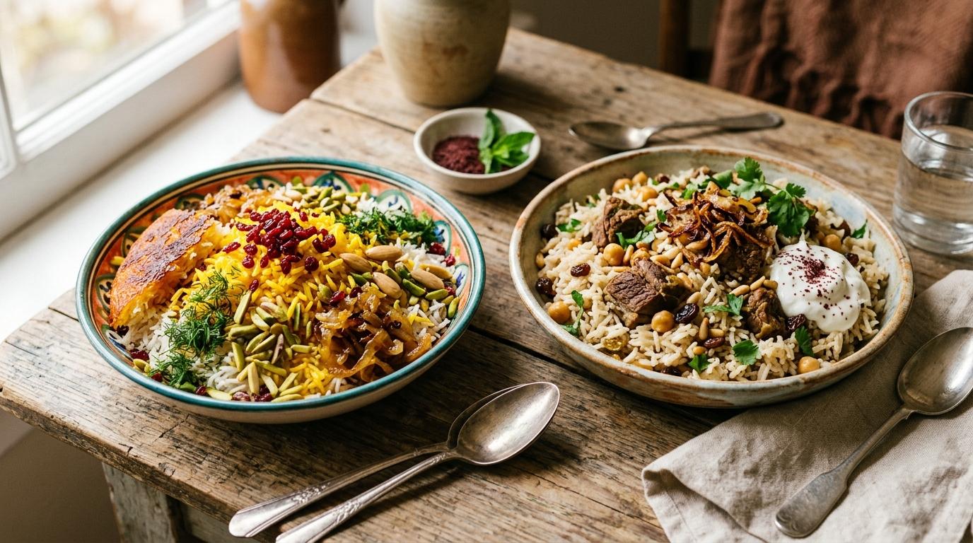 Colorful Persian jeweled rice with saffron, barberries, and pistachios in ornate serving bowl