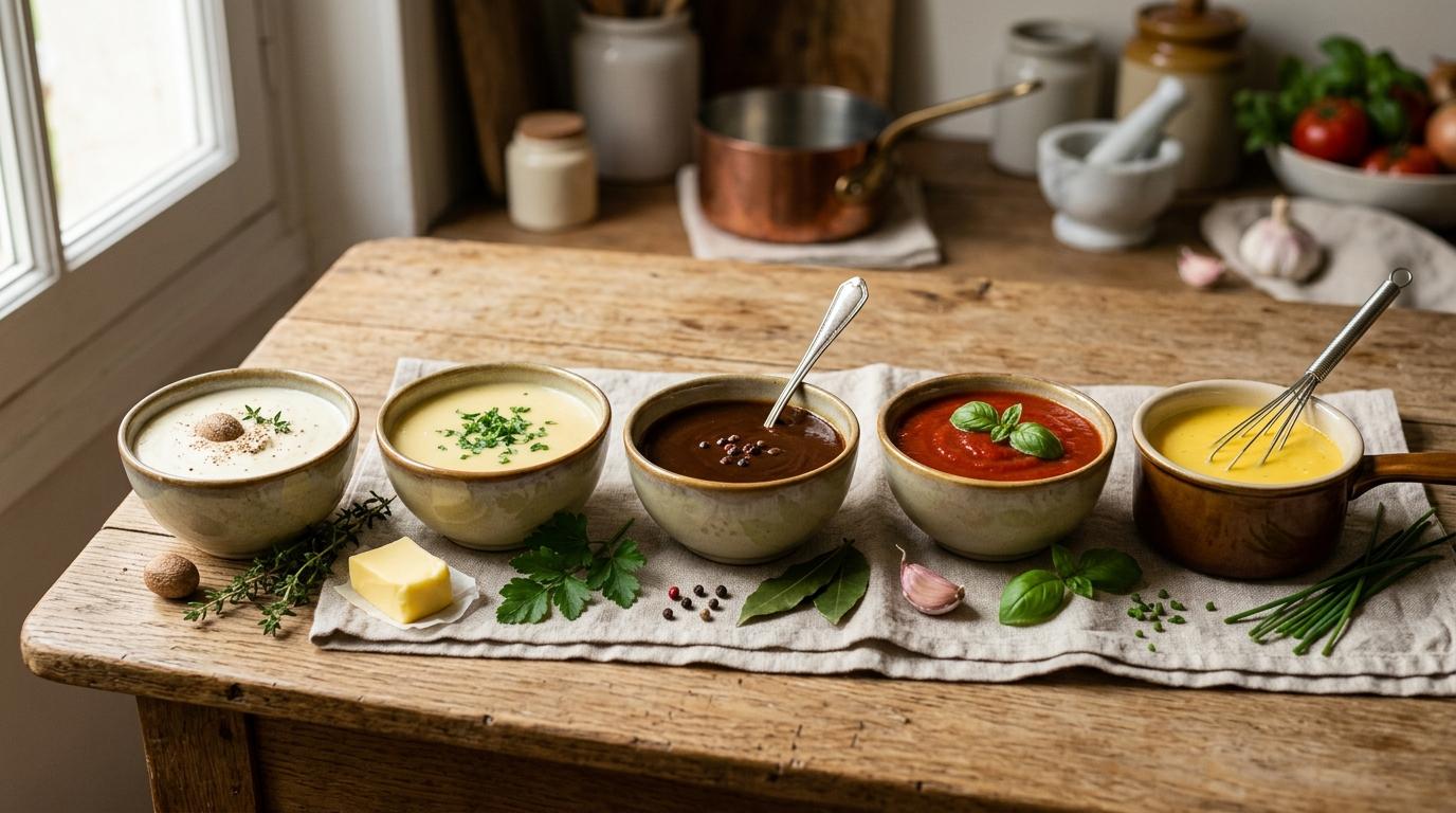 Classic French mother sauces in separate bowls showing different textures and colors