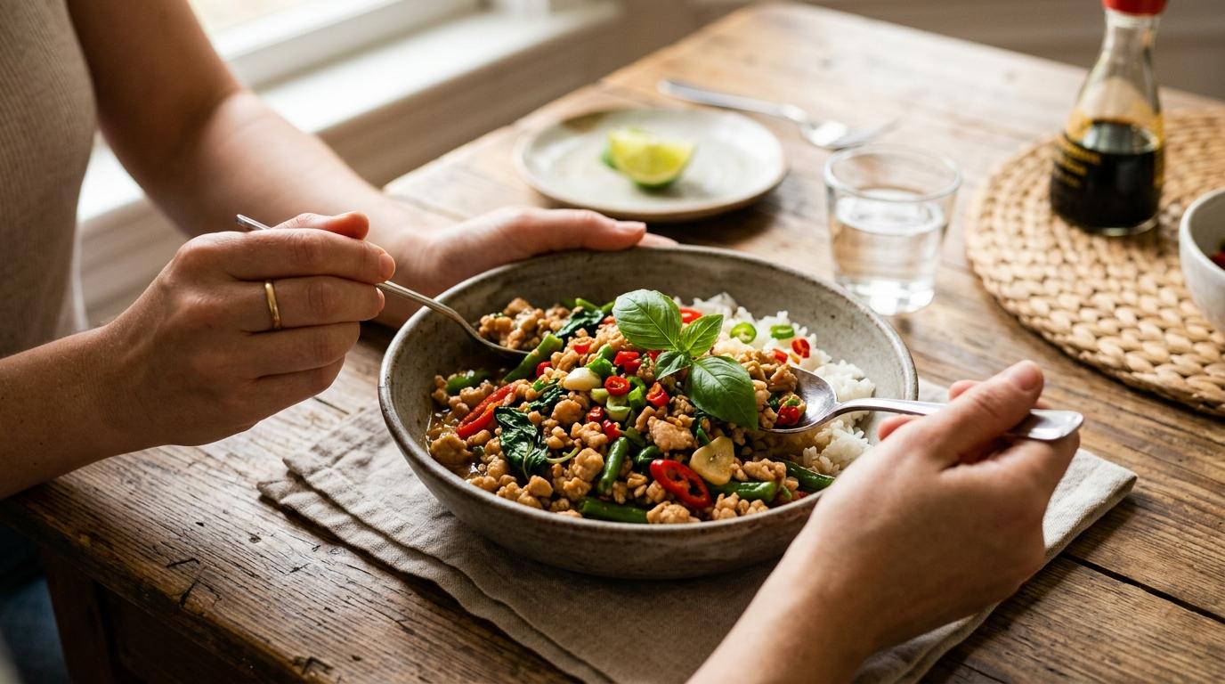 Colorful Thai stir fry with vegetables and protein in a hot wok