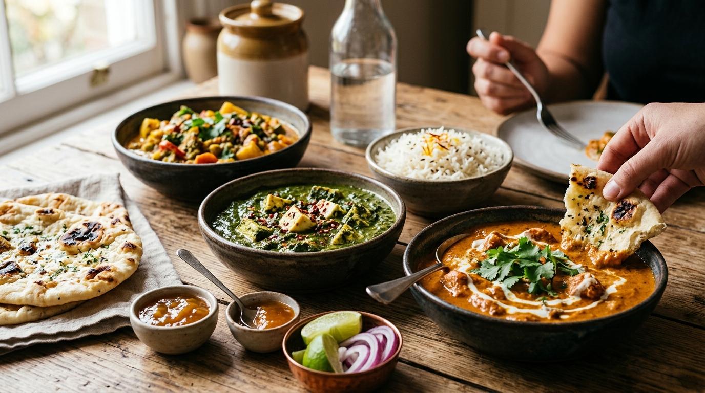 Various colorful Indian curry dishes in traditional bowls with aromatic spices