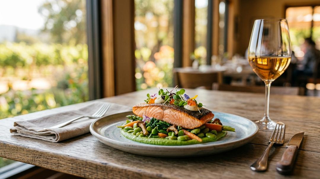 California Michelin star restaurant dining room with elegant table settings