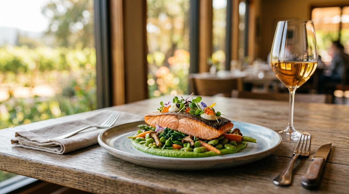 California Michelin star restaurant dining room with elegant table settings
