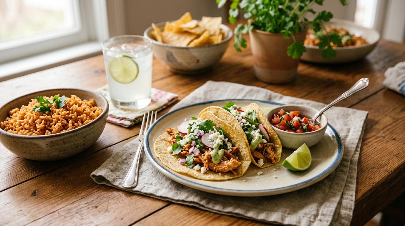 Colorful spread of easy Mexican dinner dishes on a wooden table