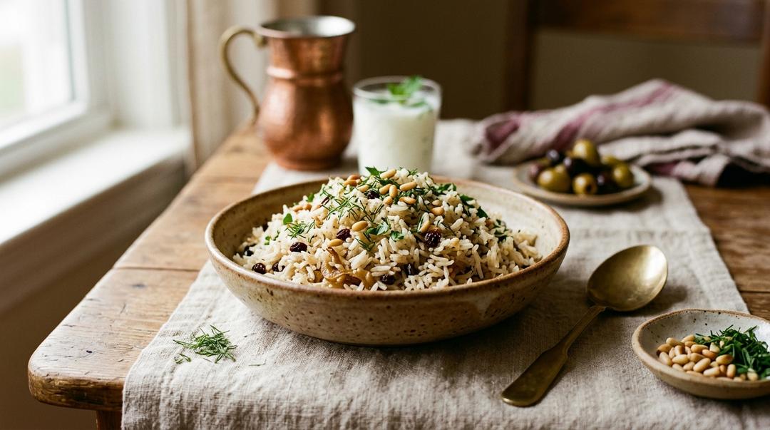 Golden Turkish rice pilaf garnished with almonds and fresh herbs in traditional serving bowl
