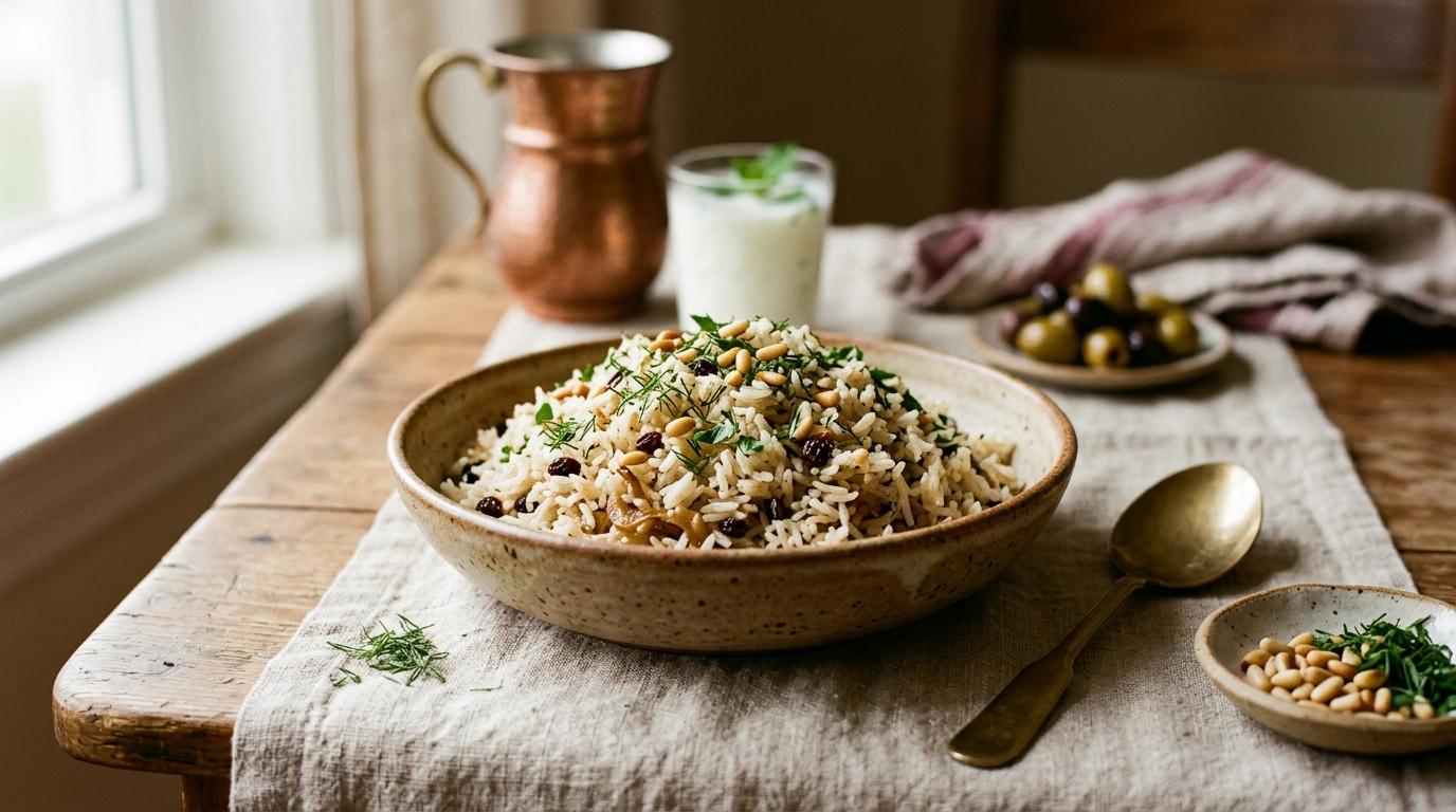 Golden Turkish rice pilaf garnished with almonds and fresh herbs in traditional serving bowl