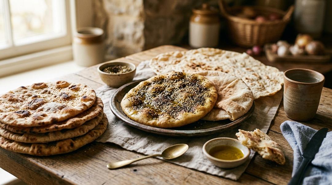 Fresh homemade Middle Eastern flatbreads cooling on wooden board