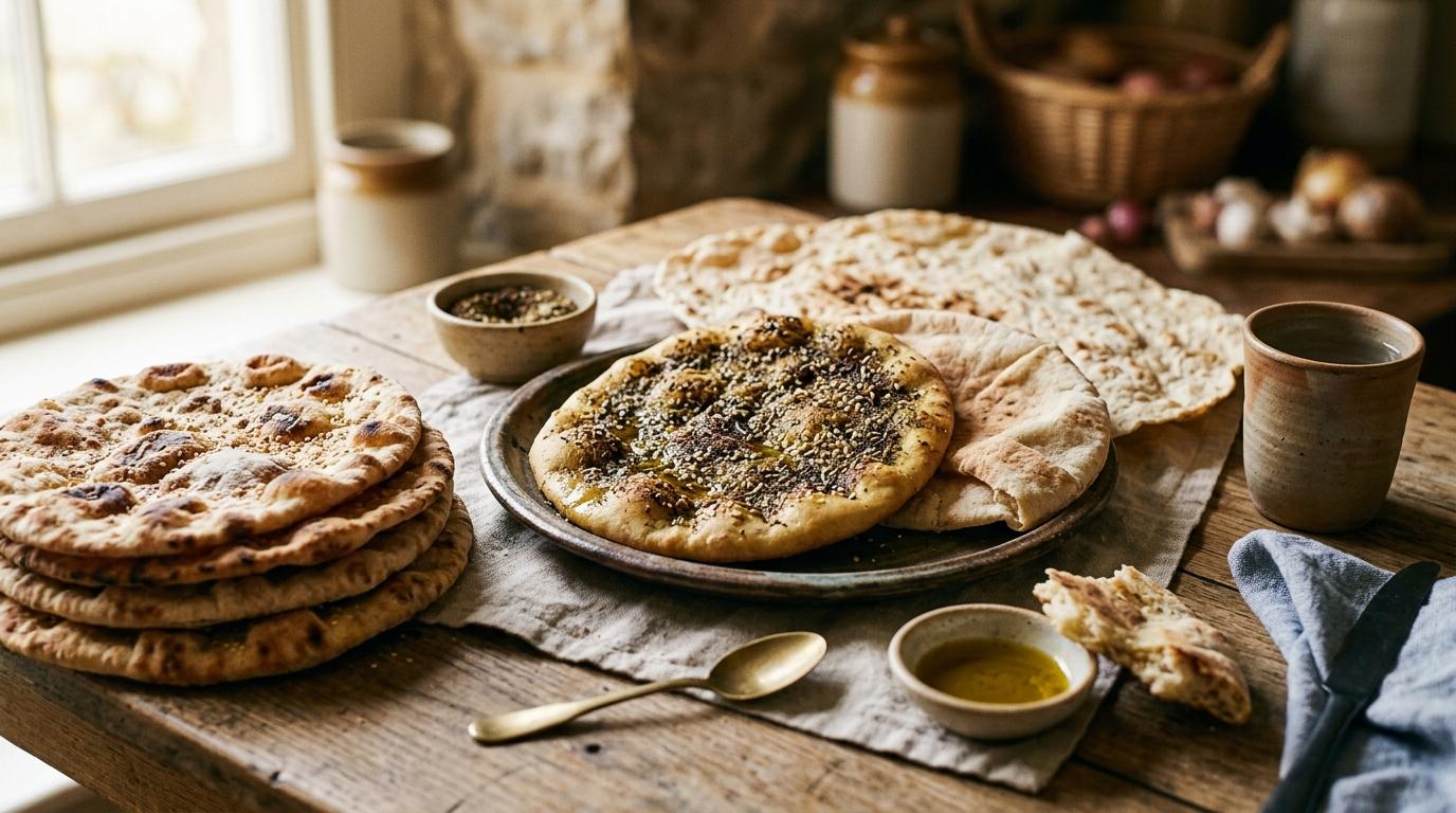Fresh homemade Middle Eastern flatbreads cooling on wooden board