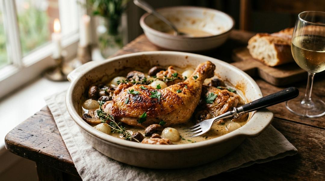 Golden braised French chicken in cast iron pot with herbs and wine sauce
