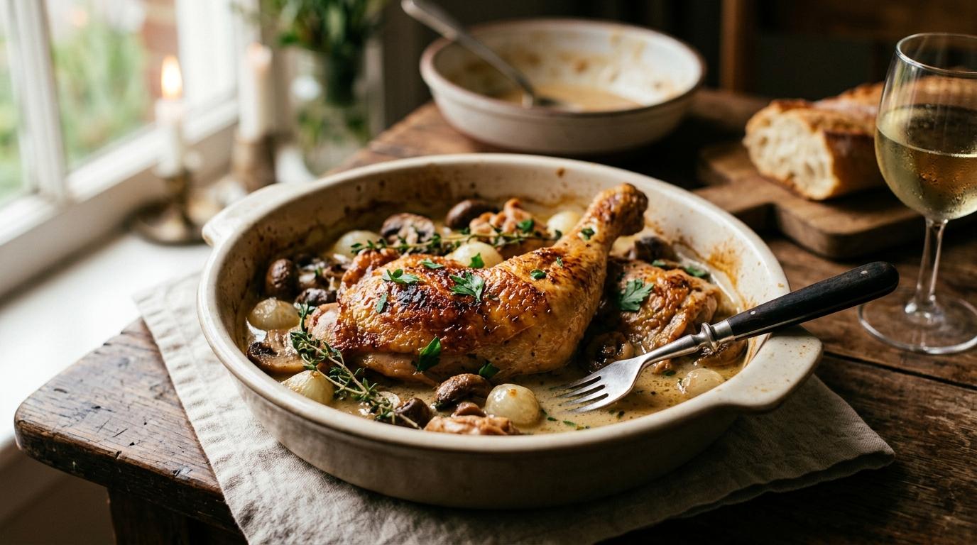 Golden braised French chicken in cast iron pot with herbs and wine sauce