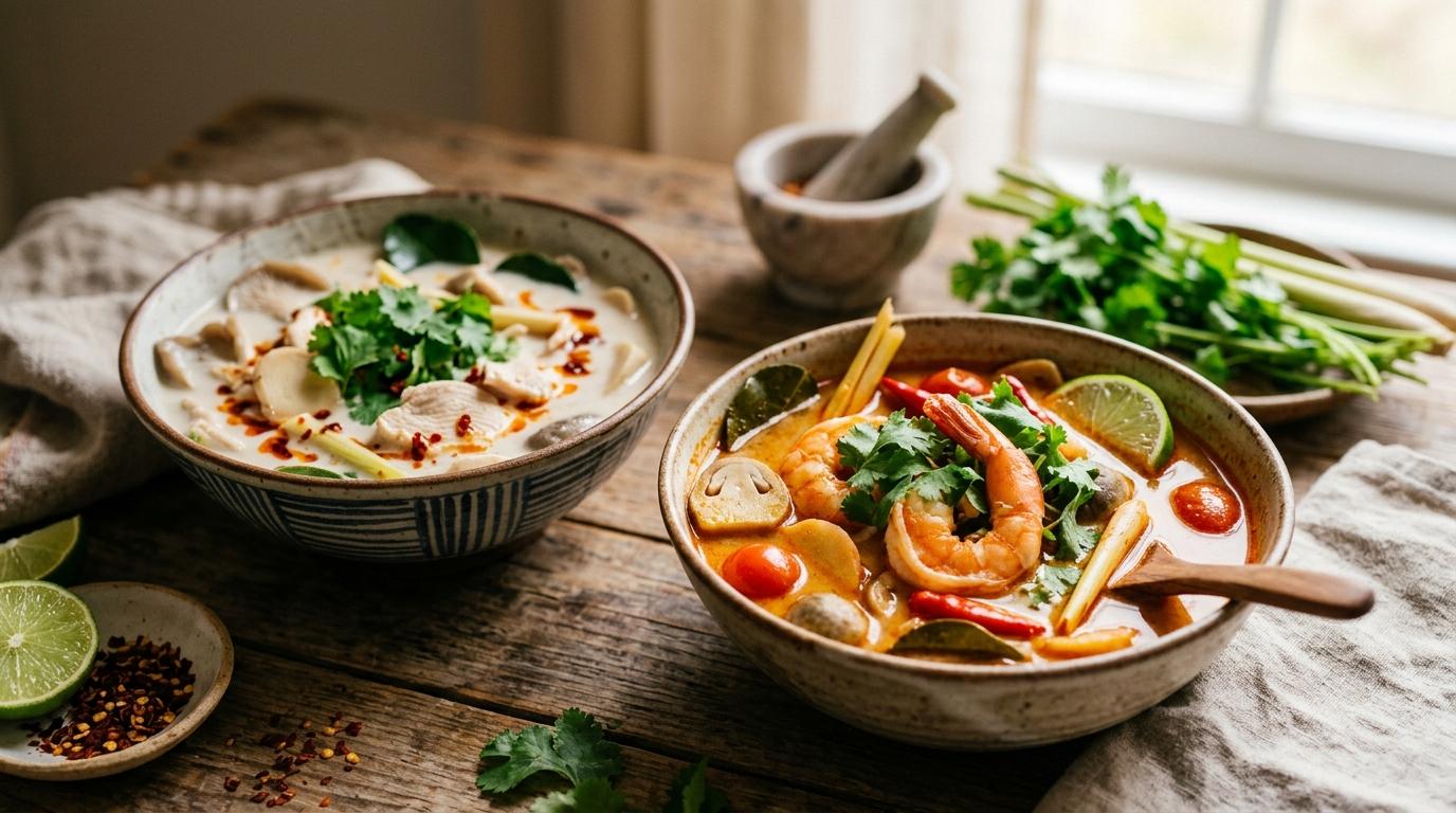 Steaming bowl of tom yum soup with shrimp, mushrooms, and fresh herbs