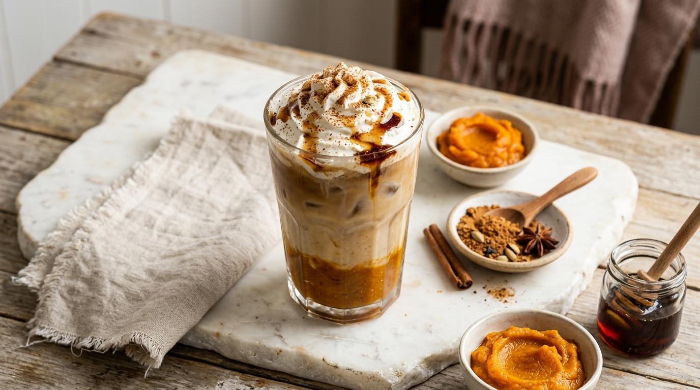 Glass of iced pumpkin spice latte with whipped cream and cinnamon stick garnish