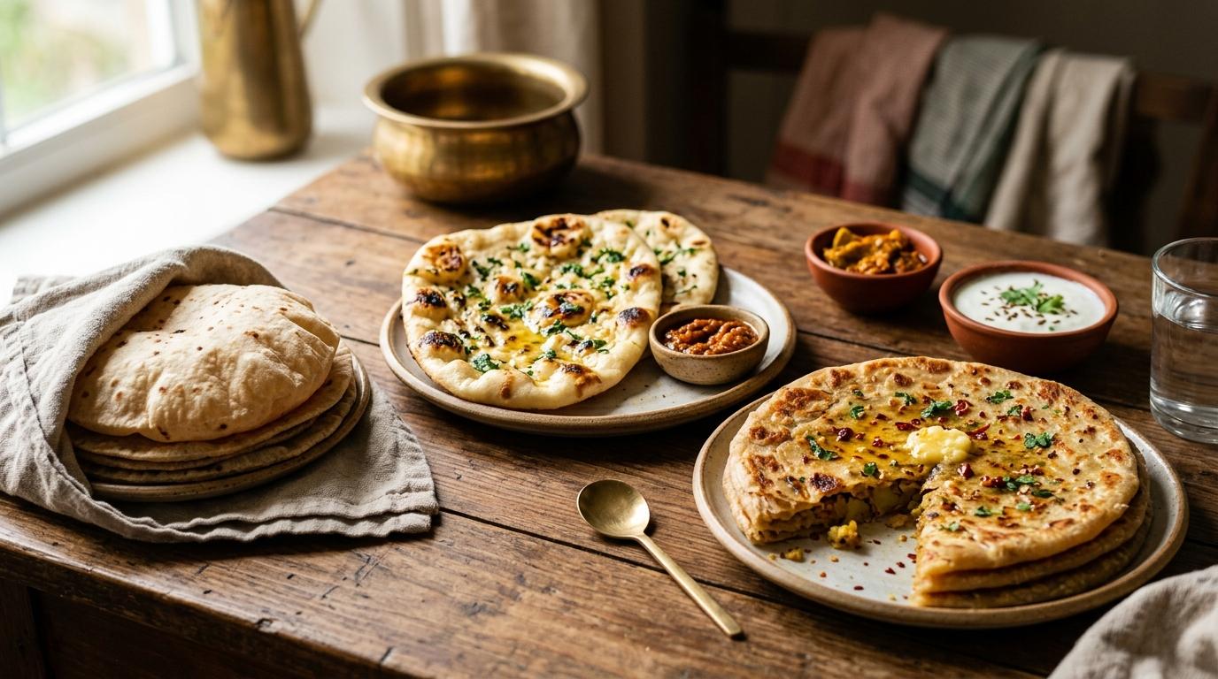 Fresh homemade Indian breads including roti, naan and paratha arranged on a wooden board