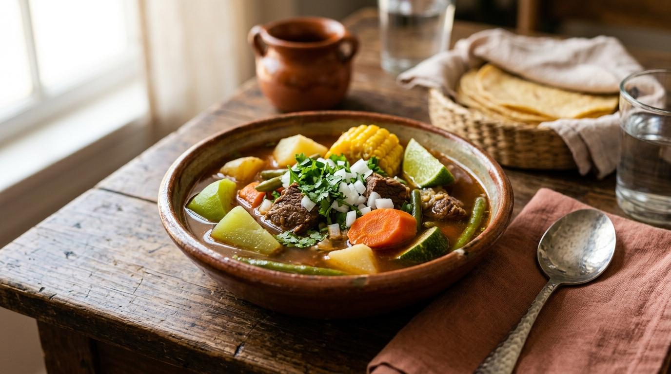 Steaming bowl of pozole rojo with hominy, pork, and fresh garnishes