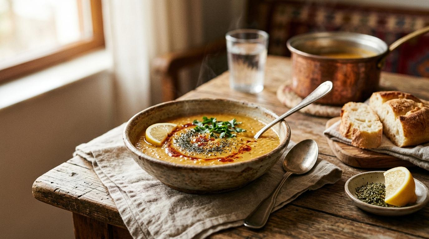 Steaming bowl of Turkish lentil soup garnished with herbs and paprika